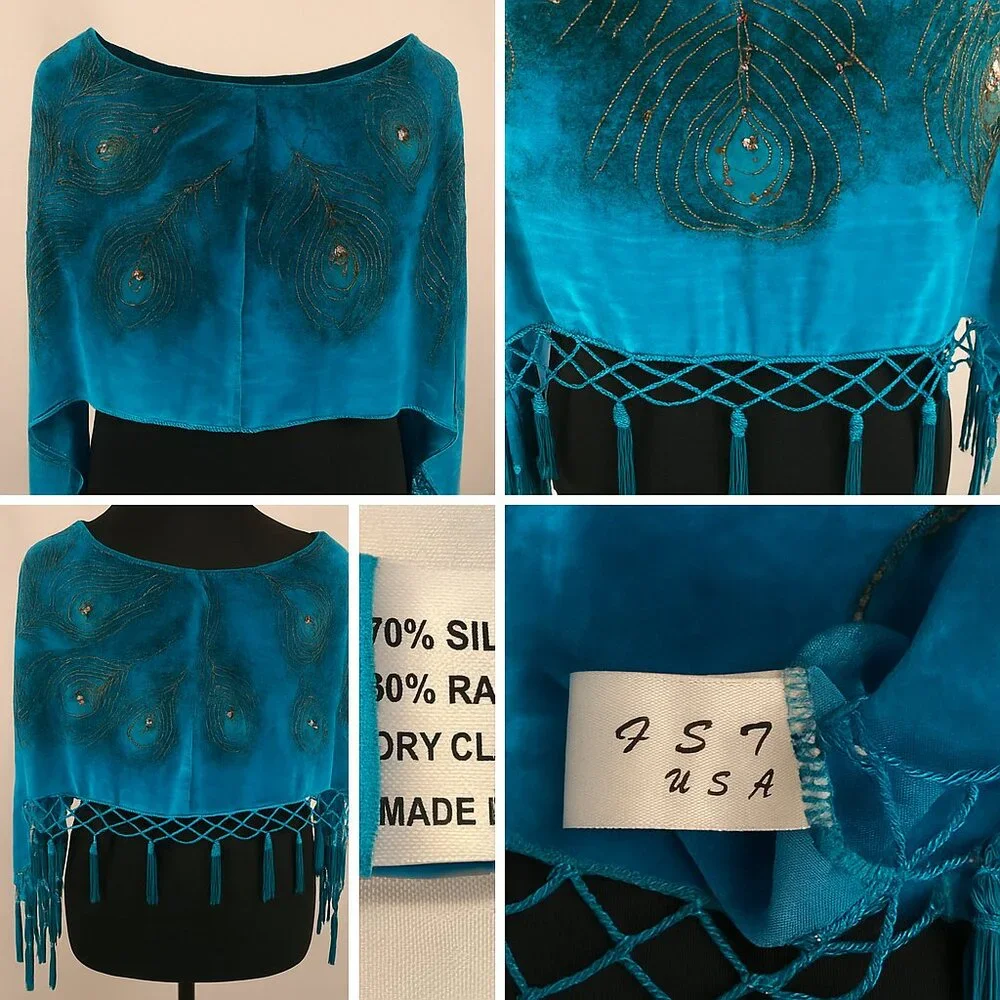 Vintage FST USA Silk & Rayon Peacock Embroidered Shawl – Boho Luxe Evening Wrap